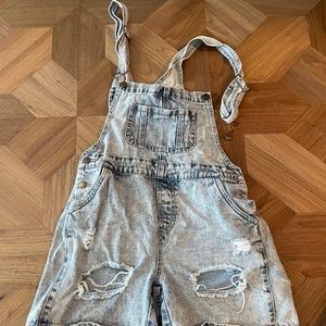 light wash denim destroyed overalls